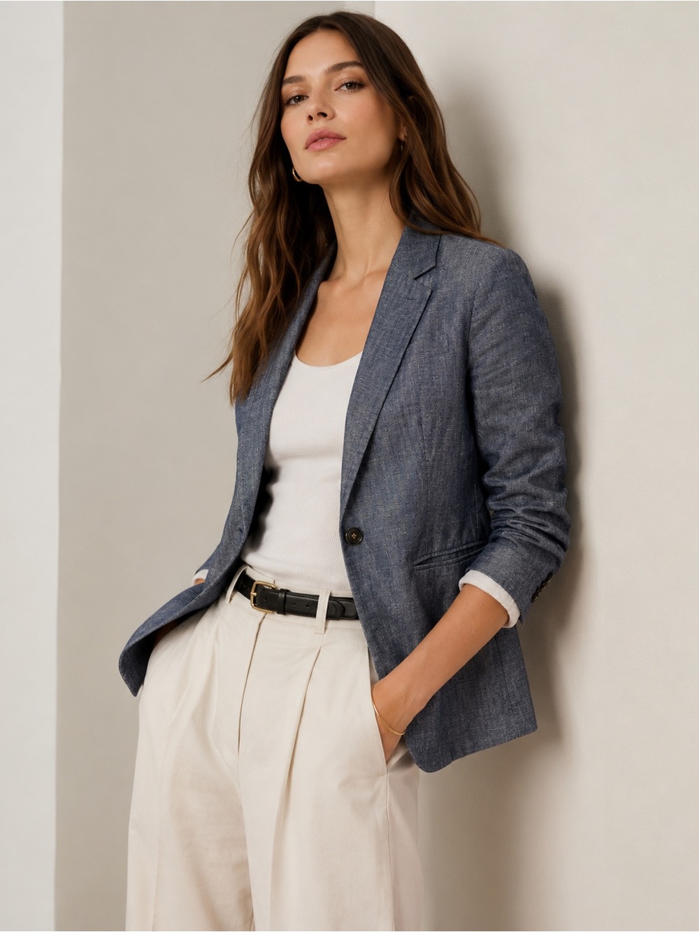 Club Monaco Borrem Linen Blue Heathered One Button Preppy Quiet Luxury Blazer